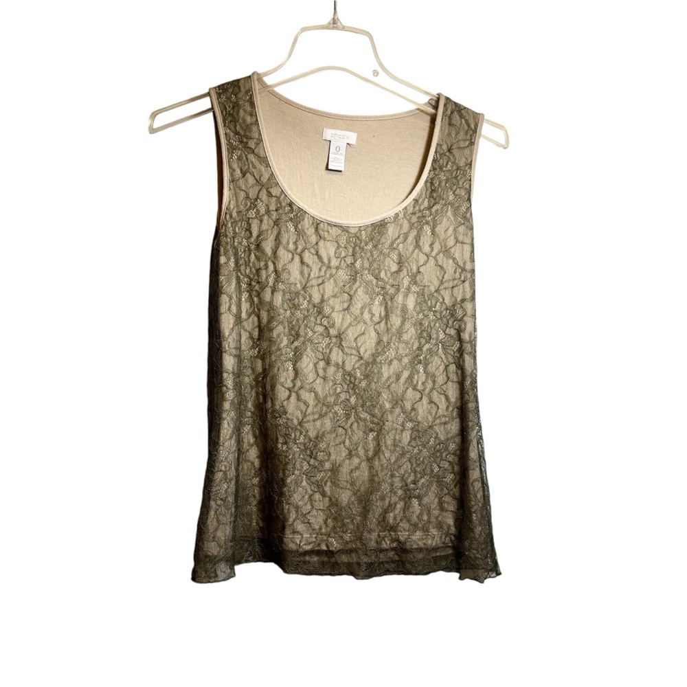 Chico's Army Green Lace Tank Top Scoop Neck Lined with cream underlay Size 0 SM